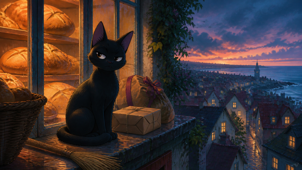 Original fan art of Jiji watching a seaside city from a bakery windowsill at dusk