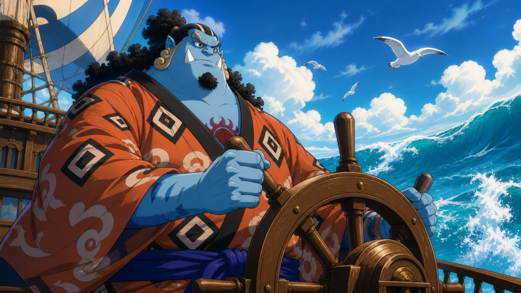 Jinbe calmly steers a great ship through rolling turquoise seas