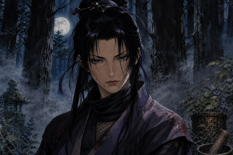 Kagero in an original Ninja Scroll-inspired feudal action portrait
