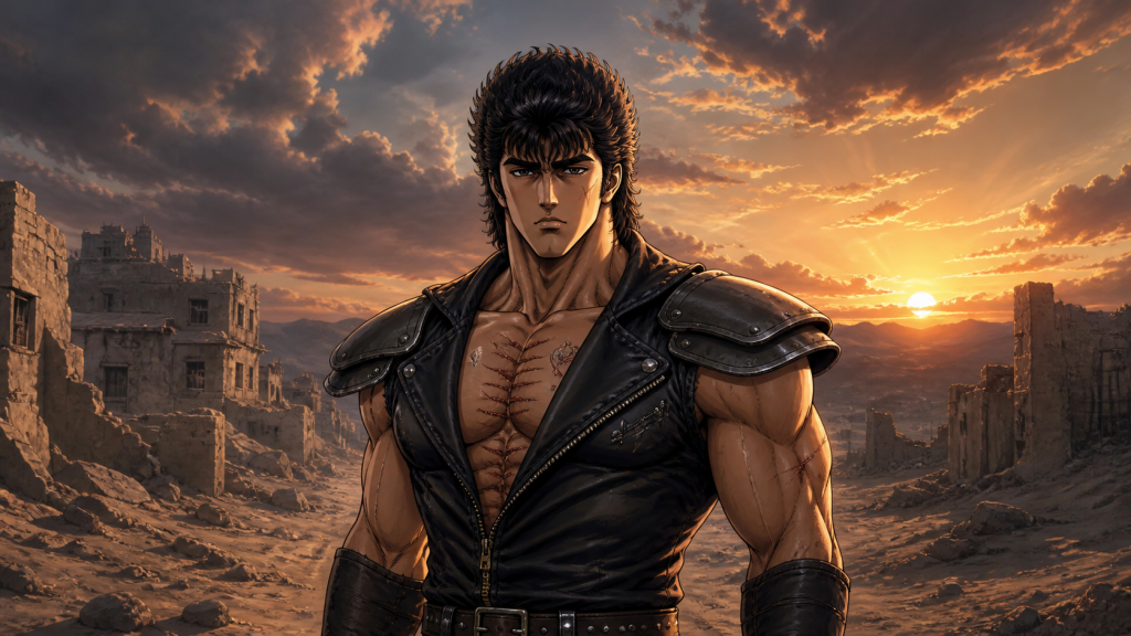 Kenshiro character portrait in a ruined settlement