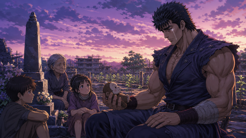 Kenshiro holds a repaired child’s toy beside a memorial while children and an elder share the silence
