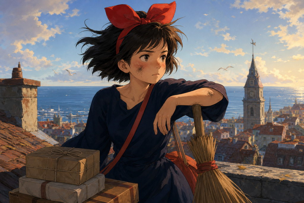 Kiki resting with her broom and parcels above the coastal city