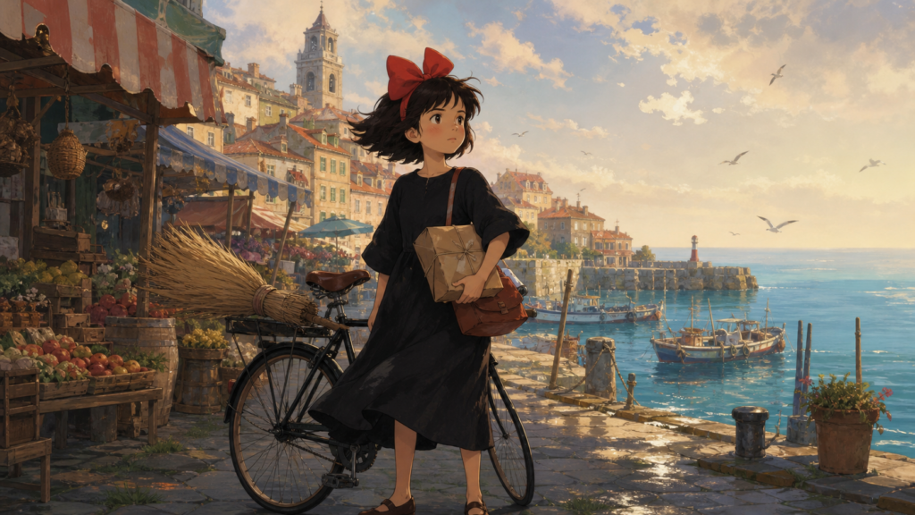 Original fan art of Kiki delivering parcels beside her bicycle in a seaside market