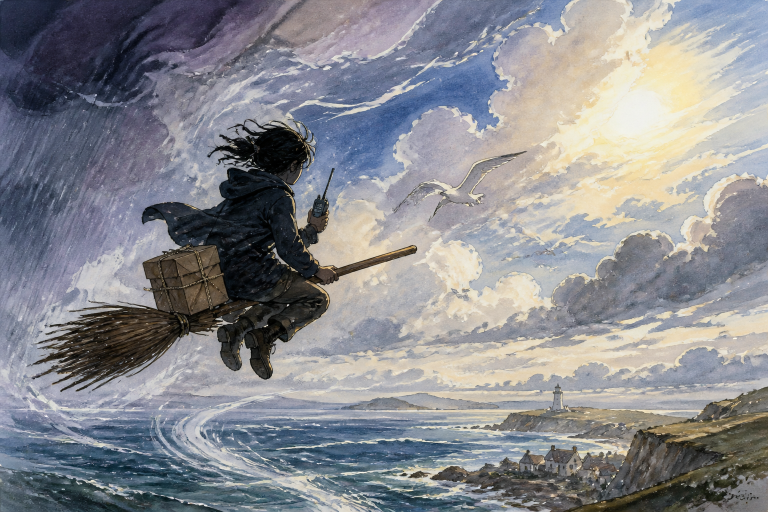 Young apprentice witch reading coastal weather while flying with a radio and secured parcel