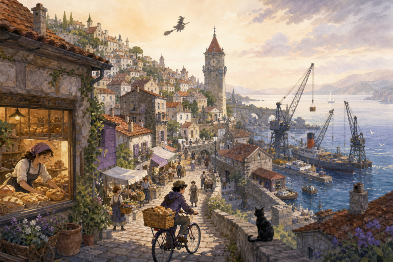 Coastal port town connecting a bakery, market, harbor and homes through everyday work