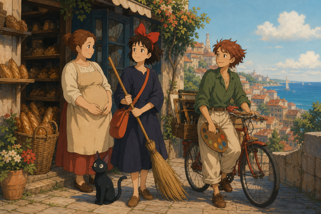 Kiki, Jiji, Osono, and Ursula outside a seaside bakery