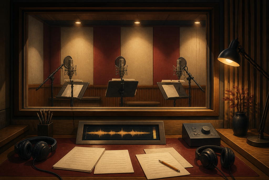 Three microphones and scripts inside a warm recording studio