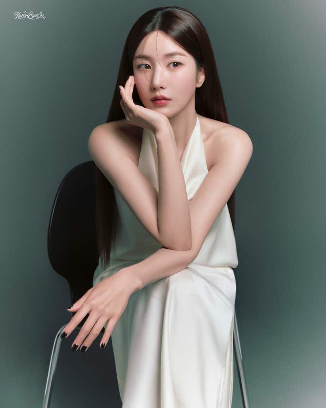 Kwon Eunbi seated in a white dress in her official 2026 profile portrait