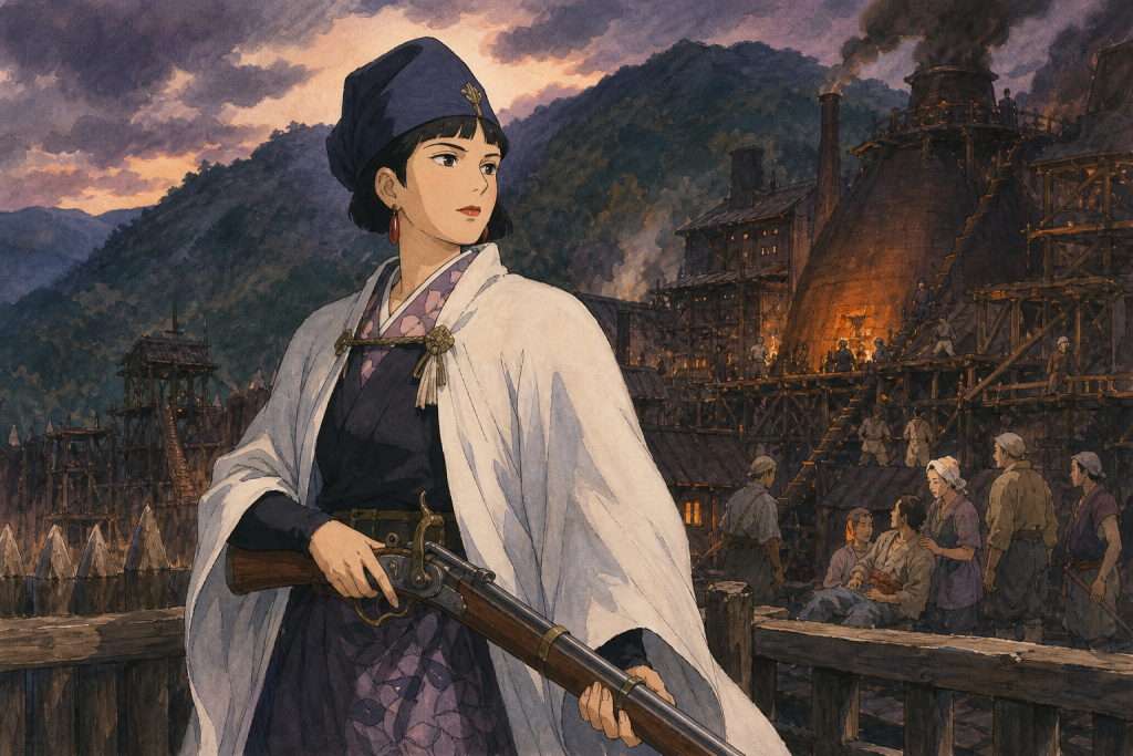 D:\CVM Sekai\CVM Sekai Website\Website\Website Images\Anime\Princess Mononoke\Characters\lady-eboshi-character-profile.png Lady Eboshi Character Profile Lady Eboshi on Iron Town ramparts with workers and patients behind her[2]