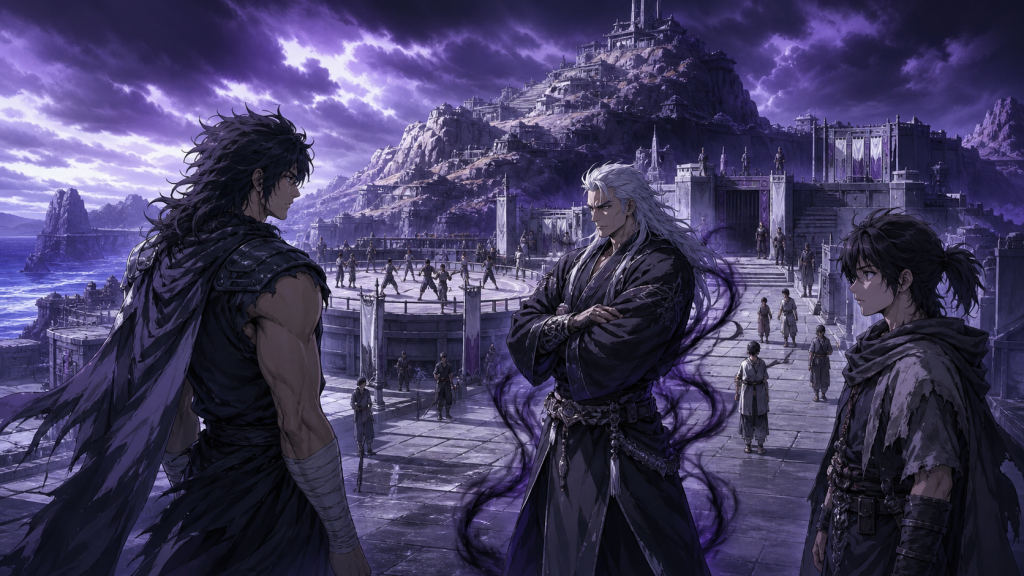 Kenshiro faces a Hokuto Ryuken master while a young survivor watches a militarized island society