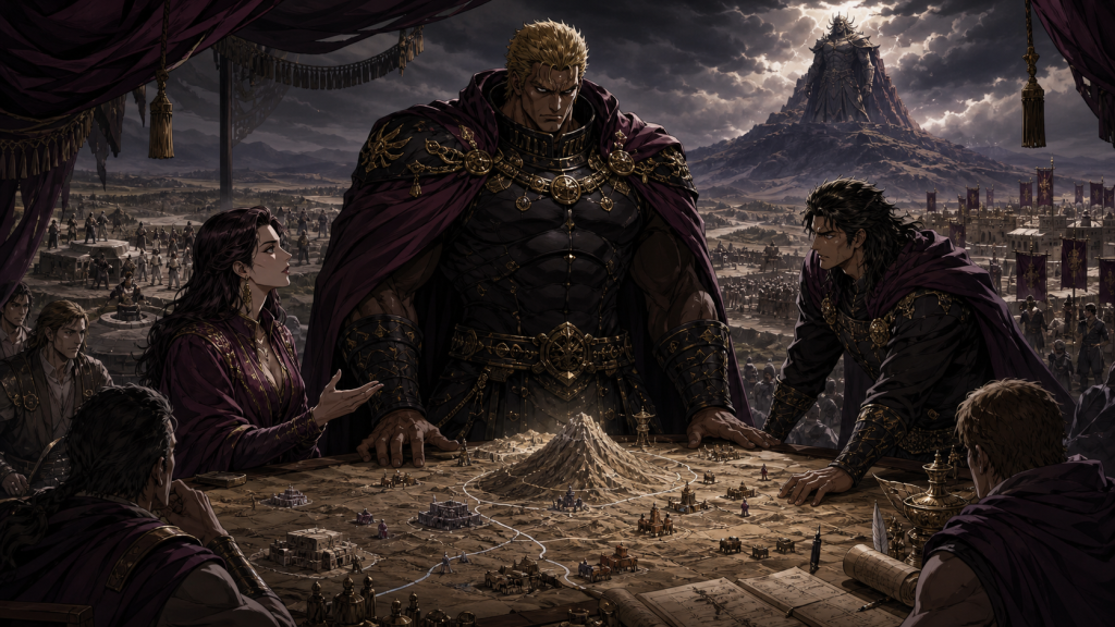 Raoh, Reina, and Souga debate conquest over a wasteland map
