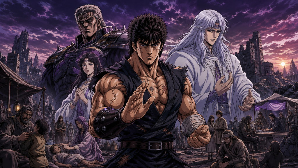 Kenshiro stands with Raoh, Toki, Yuria, patients, children, and ruined-city survivors in original Legends of the True Savior ensemble fan art.
