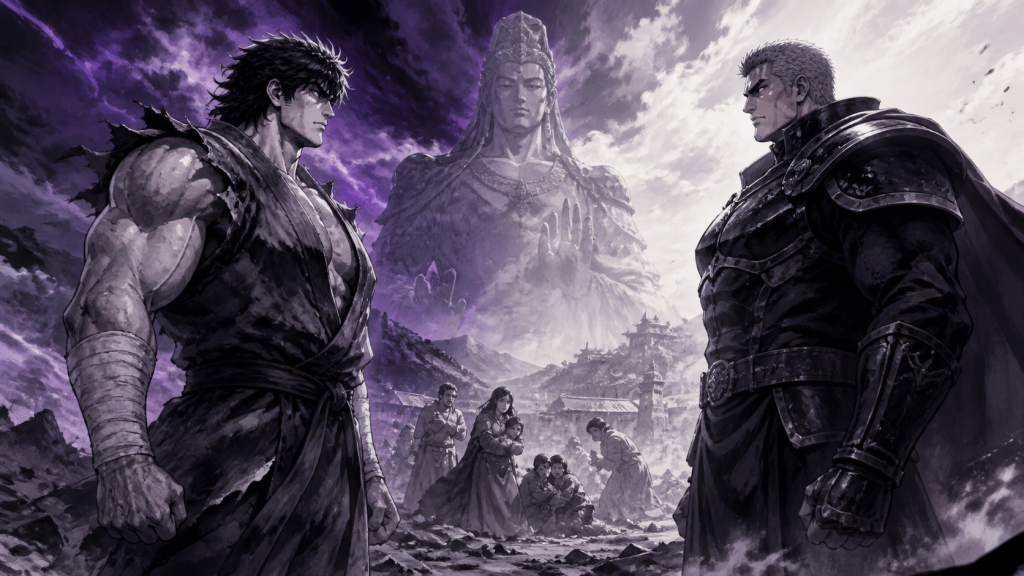legends-raoh-fierce-fight-movie-review-fan-art.png Raoh Chapter of Fierce Fight Review Fan Art Kenshiro and Raoh face their final conflict while civilians remain visible in original Fierce Fight movie Review fan art.[2]