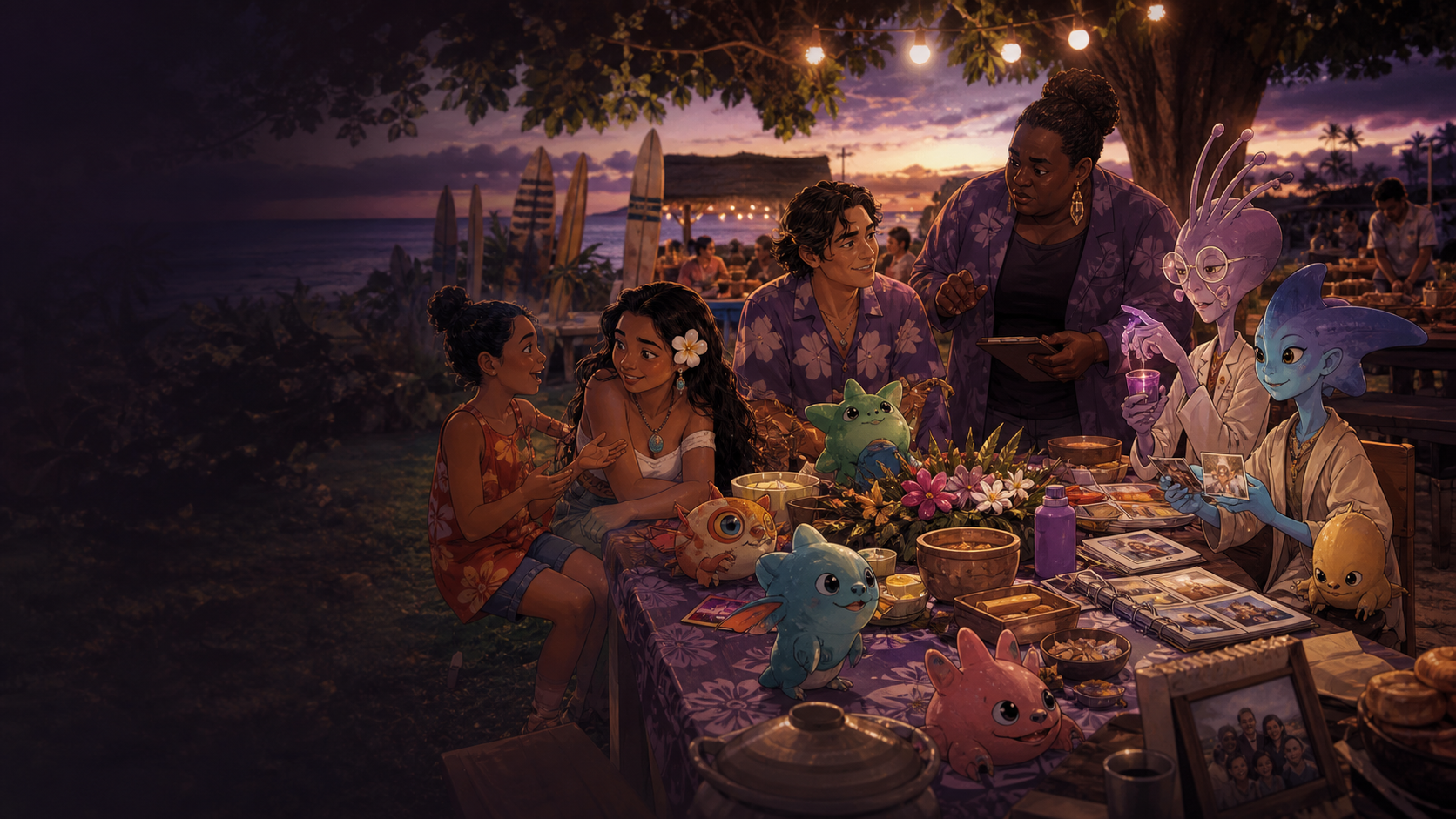 Original CVM Sekai fan art of a Hawaiian found-family gathering with sisters, local adults, alien scholars, and colorful created cousins at twilight
