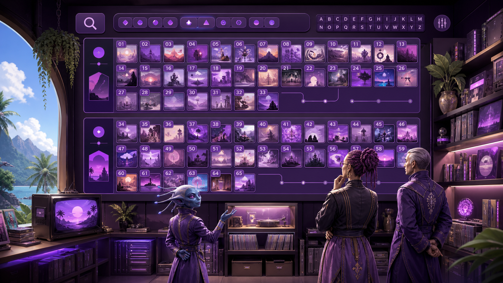 Original CVM Sekai fan art of three adult archivists reviewing a searchable purple wall of sixty-five television episode cards in two seasons