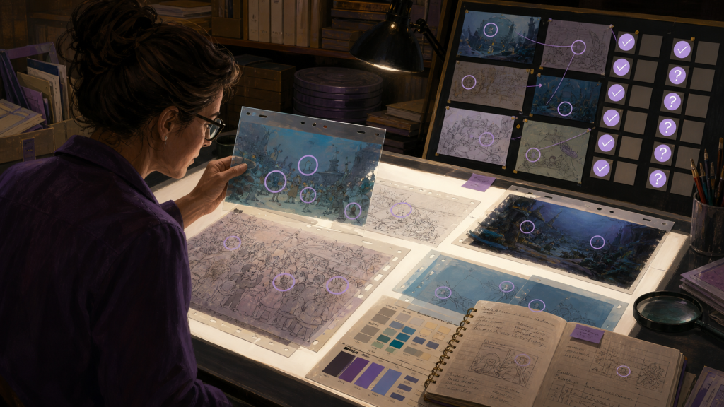 Original editorial art of an animation archivist verifying hidden details and production claims