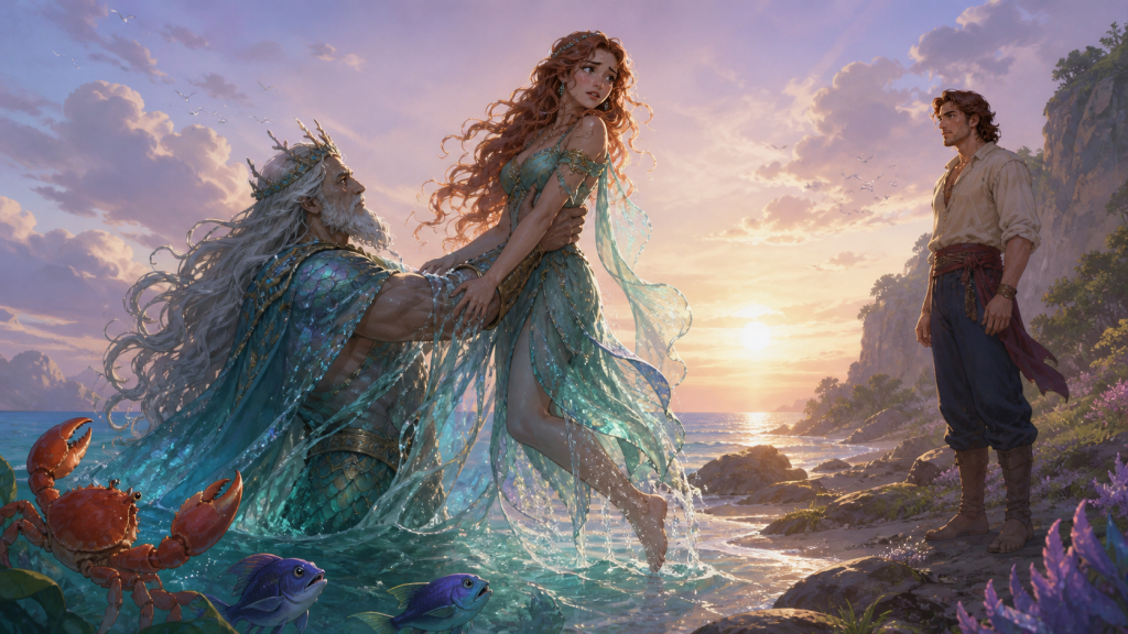 Original fan art of a grown sea woman looking back as she crosses from sea to shore
