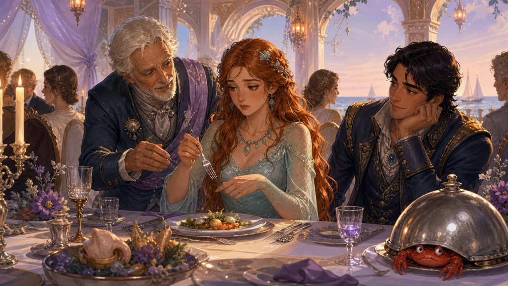 Original fan art of a grown former sea woman learning unfamiliar table customs