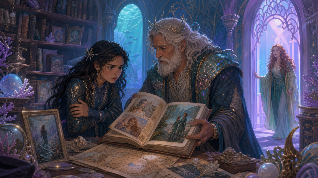 Original fan art of a teenage mermaid learning her two-world family history from her grandfather