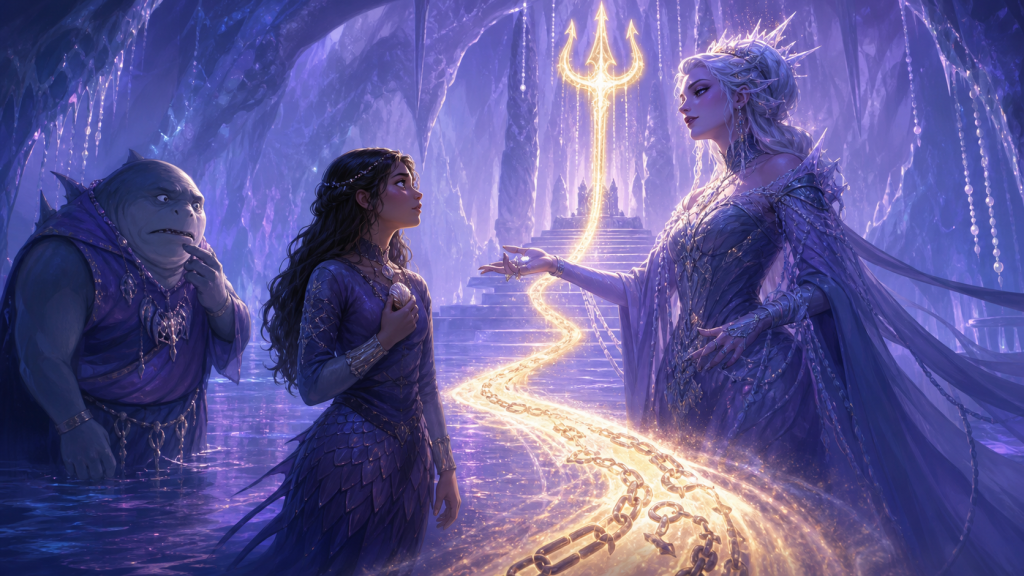 Original fan art of an ice sorceress recruiting a teenage mermaid through hidden coercion