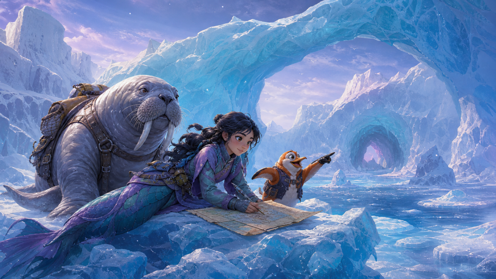 Original fan art of a teenage mermaid crossing Arctic water with a walrus and penguin
