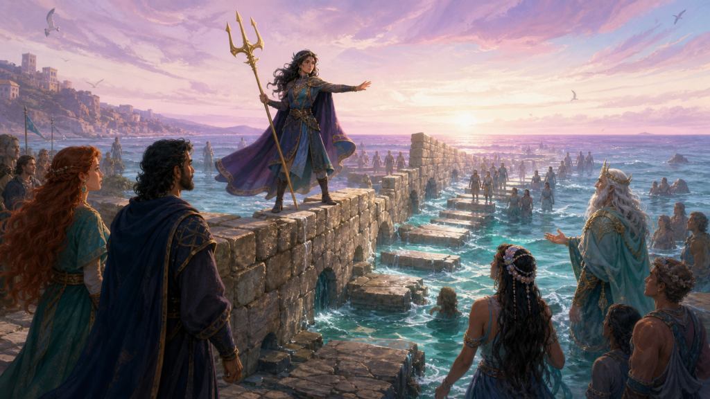 Original fan art of a teenage princess dismantling a coastal wall between land and sea