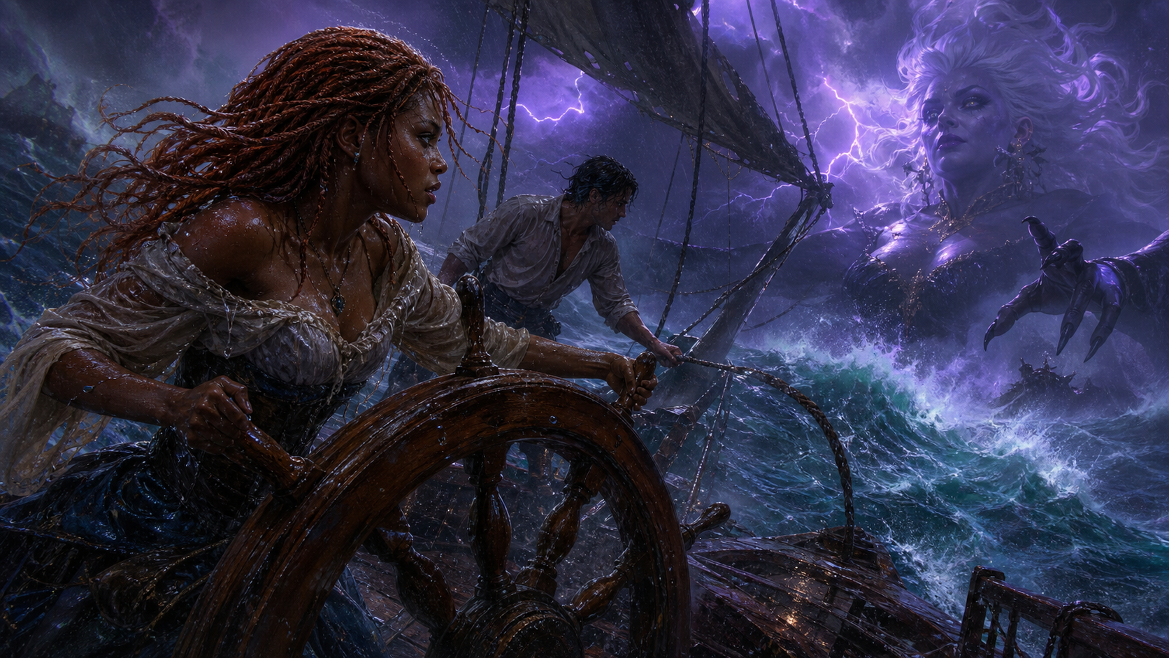 Original fan art of a newly human Black woman steering a wrecked ship toward a giant sea witch during a storm