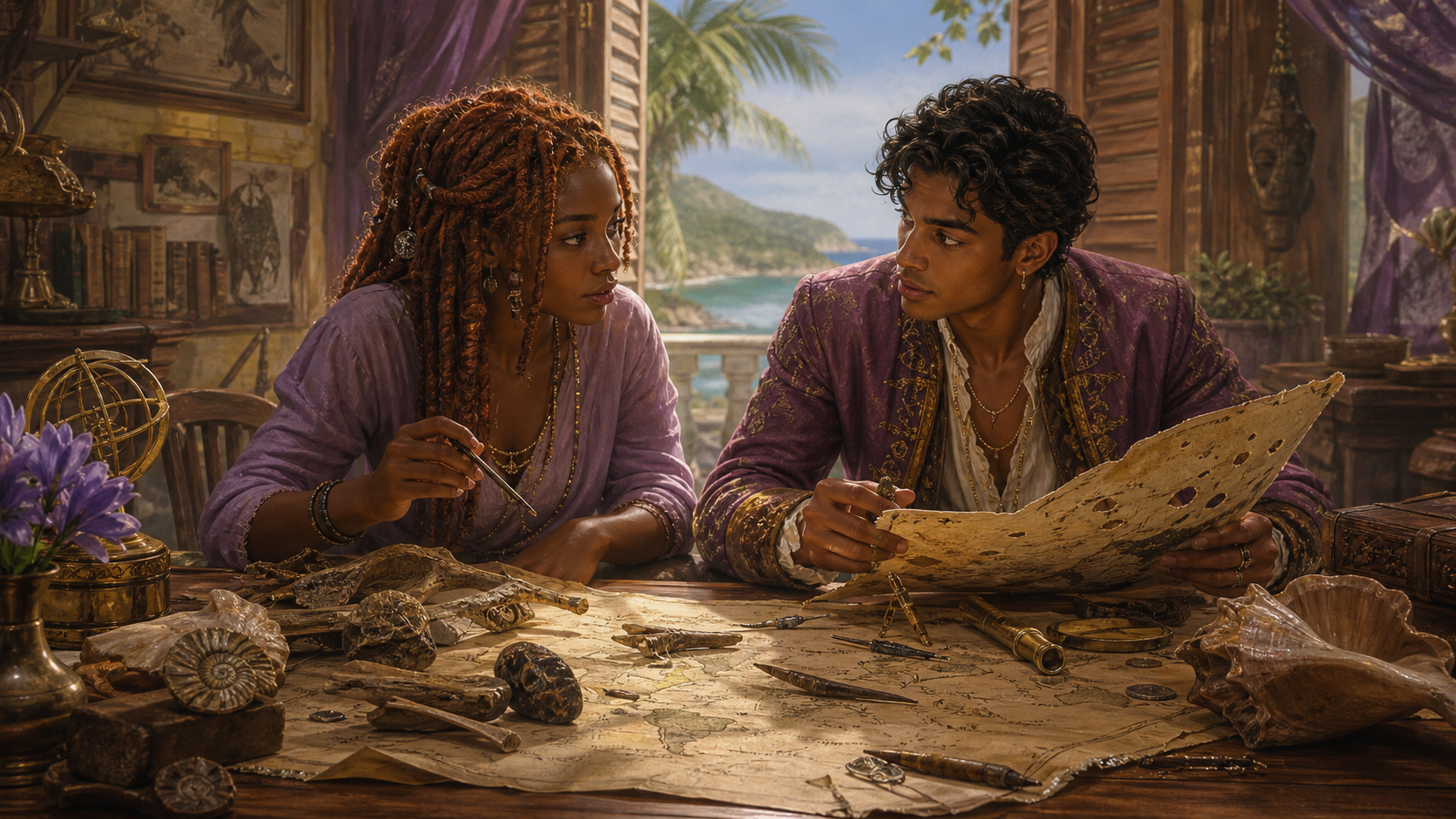 Original fan art of a voiceless young woman and island prince comparing maps, fossils, and travel objects