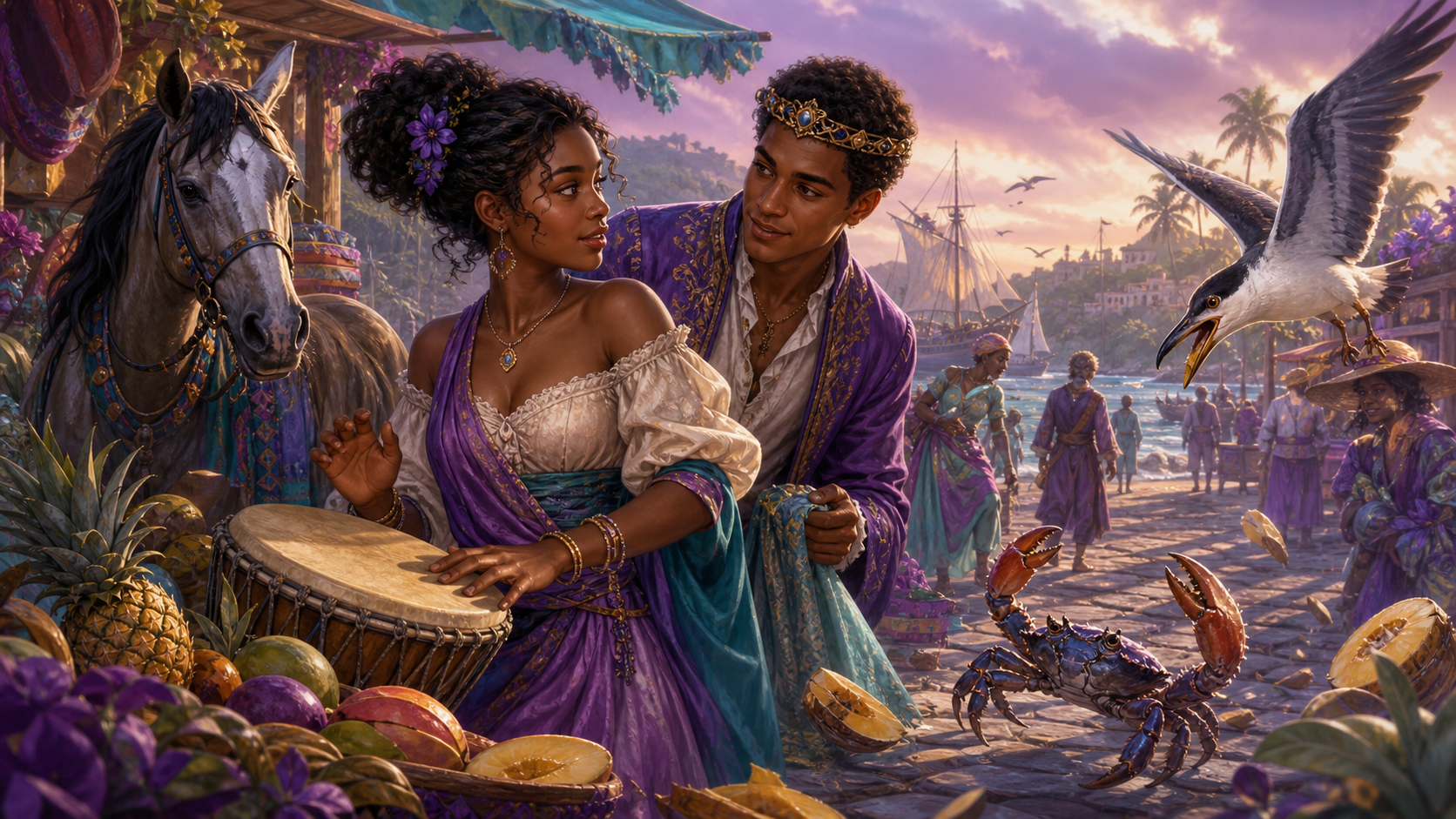 Original fan art of a young Black woman and prince exploring a Caribbean-inspired island market