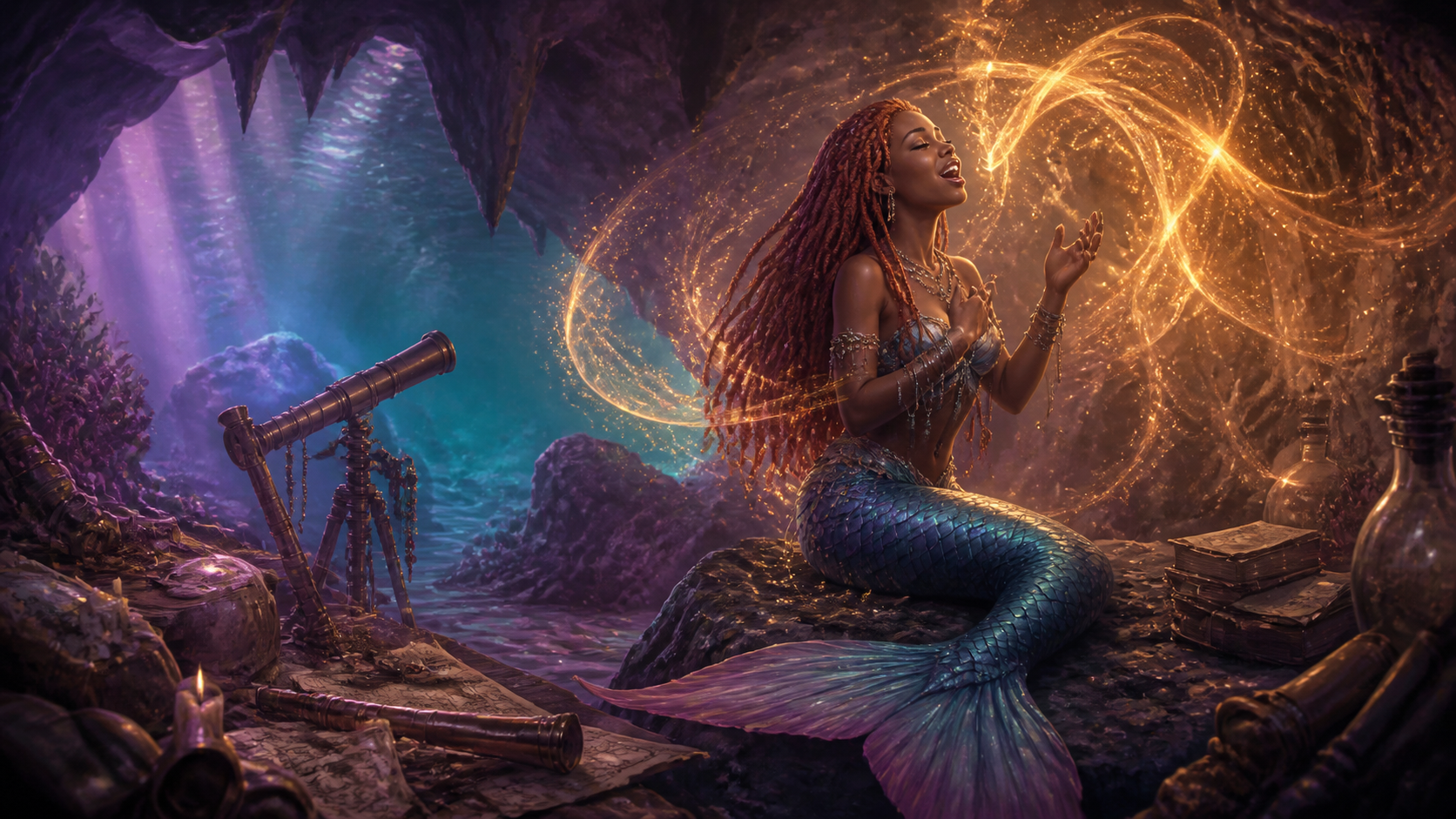 Original fan art of a Black mermaid singing inside a grotto of human tools, maps, and books