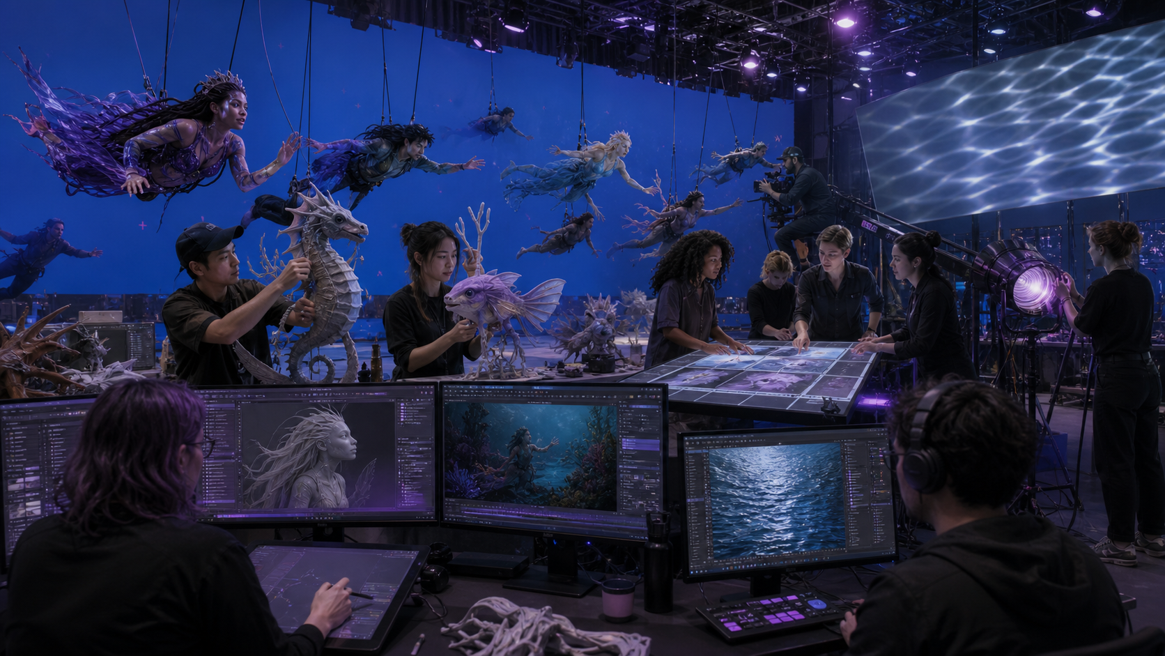 Original editorial art of performers, puppeteers, choreographers, lighting technicians, and visual effects artists building an underwater fantasy film