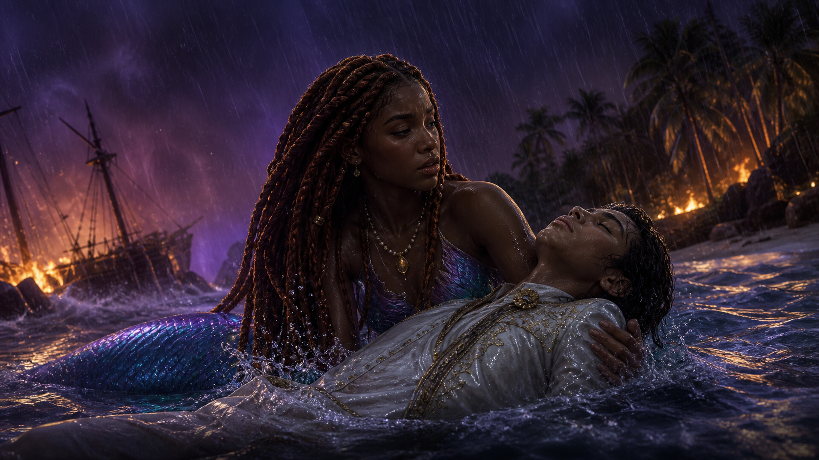 Original fan art of a Black mermaid rescuing a prince from a burning ship during a storm