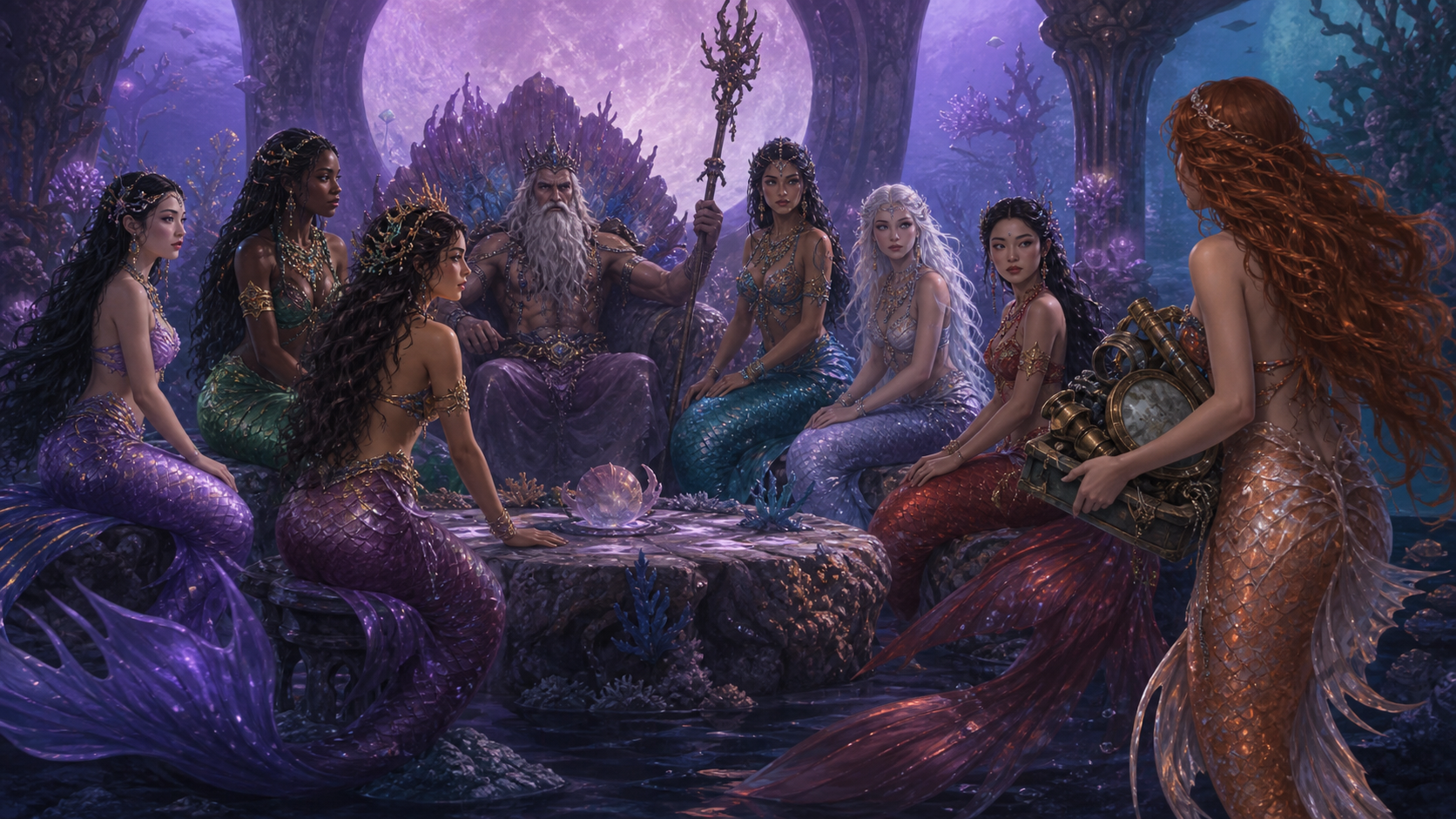Original fan art of seven adult mermaid sisters from different oceans meeting with a sea king