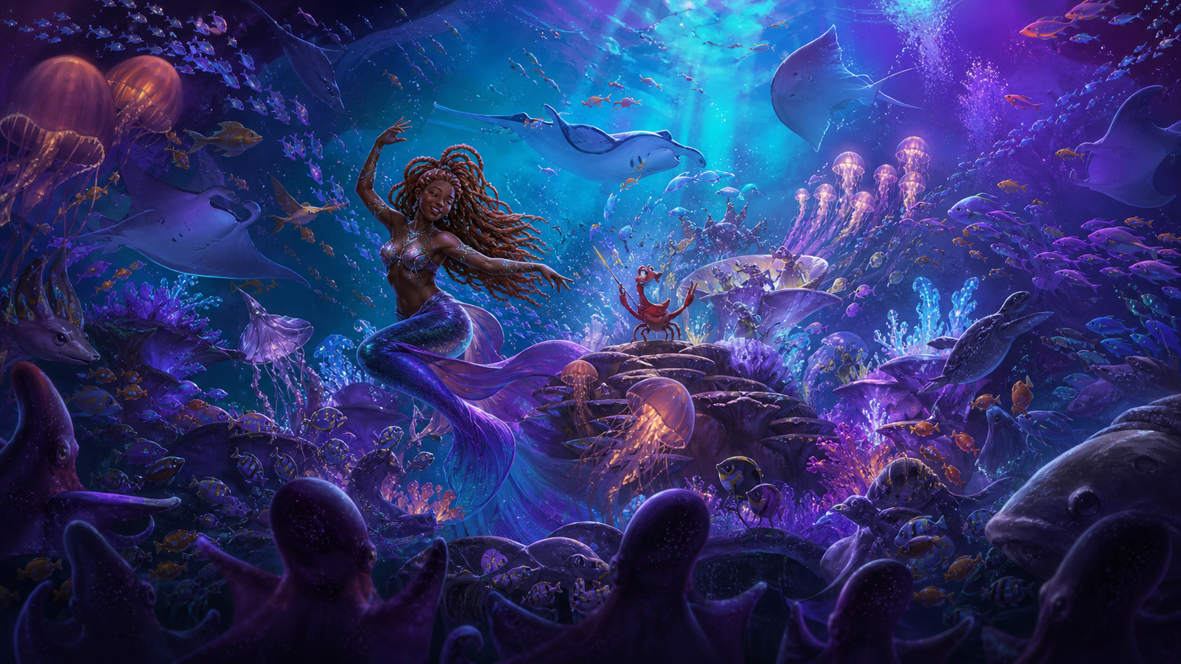 Original fan art of an underwater musical celebration led by a crab conductor and diverse sea life