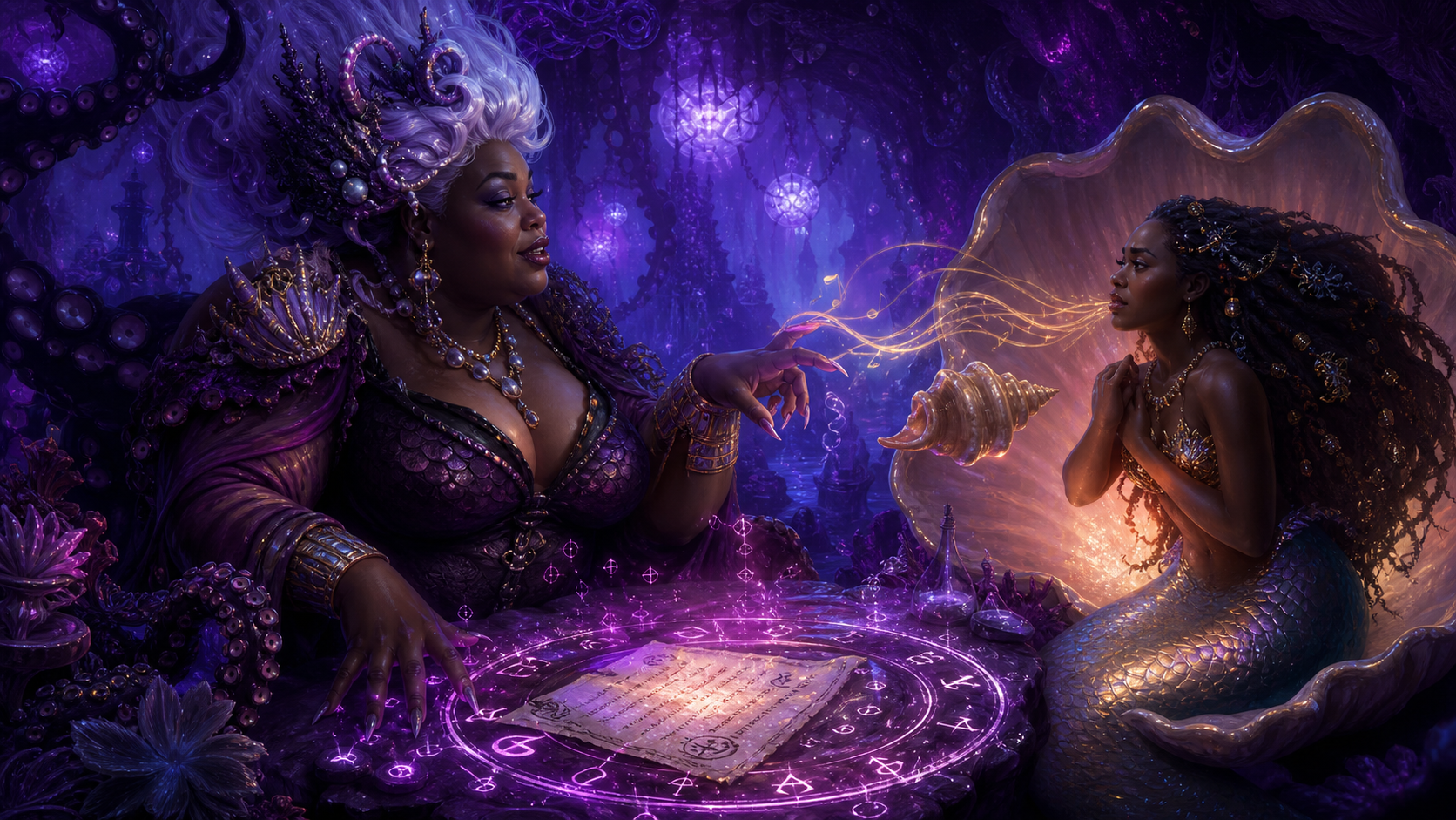 Original fan art of a sea witch stealing a young mermaid’s voice through a deceptive magical contract
