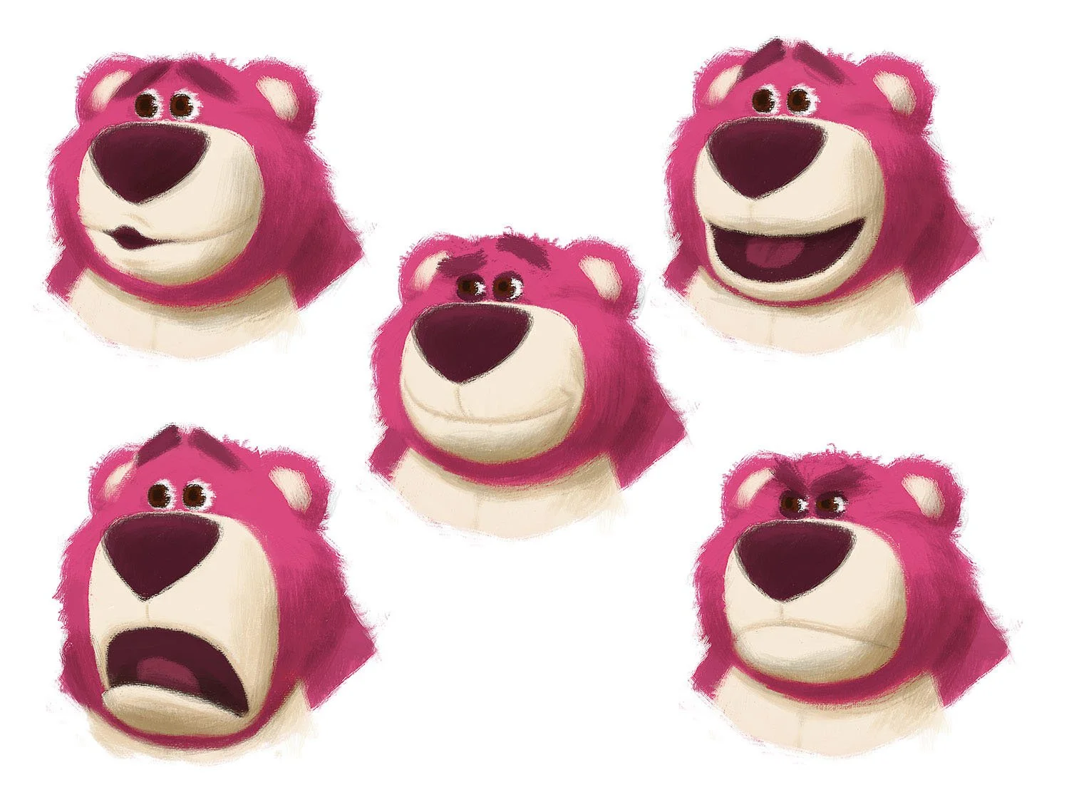 Official Pixar expression studies showing Lotso smiling, grieving, shouting, and glaring