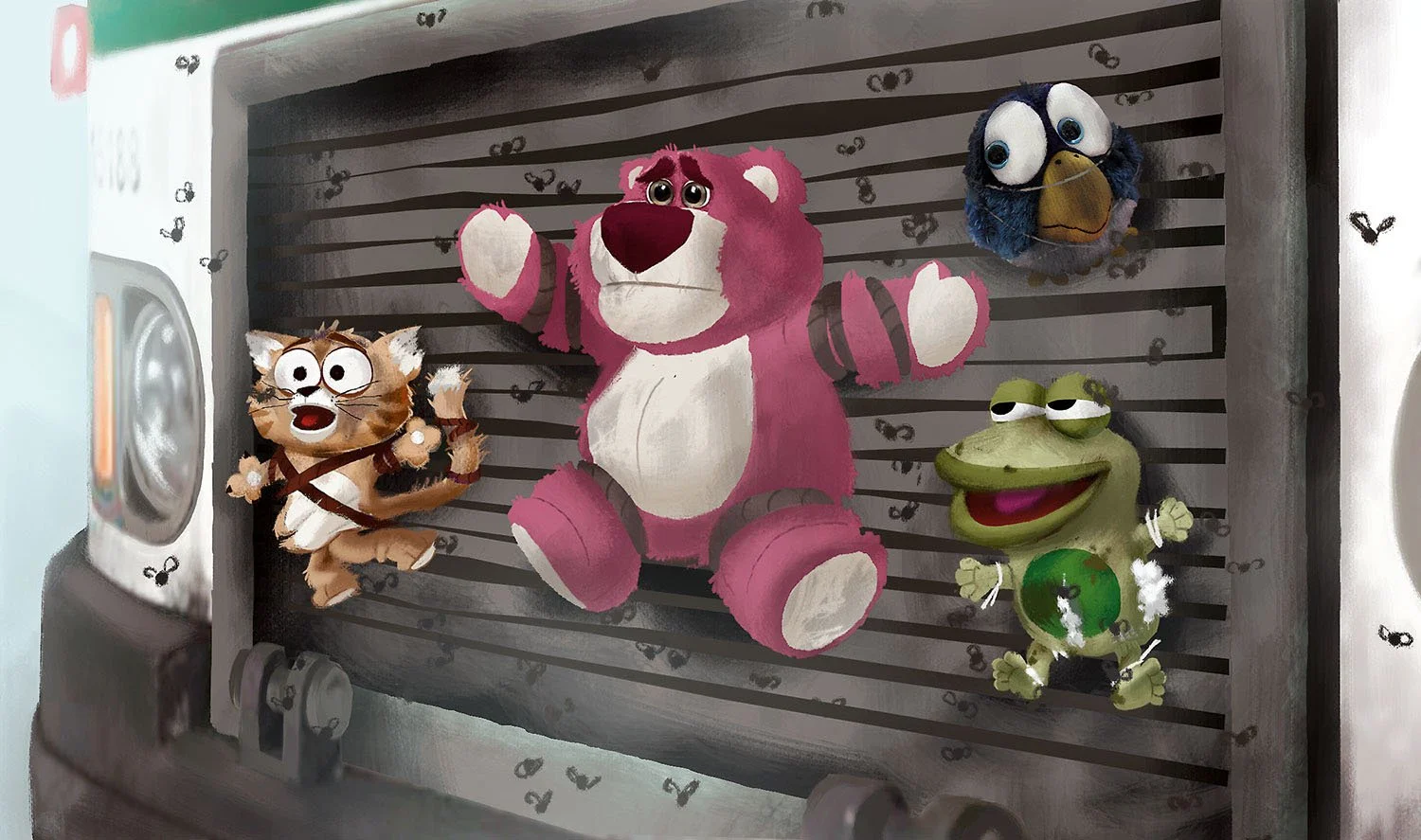 Official Pixar concept art of Lotso and damaged toys clinging inside a garbage truck