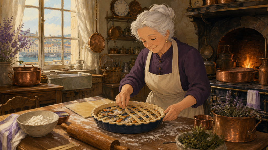 Madame prepares a traditional pie in her warm kitchen in original Kiki’s Delivery Service fan art