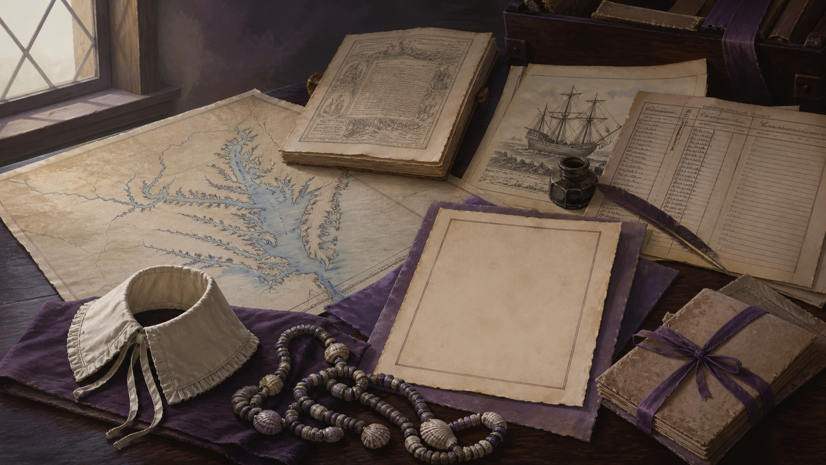 matoaka-names-record-history-guide-original-art.png Matoaka Names and Historical Record Guide Original Art Original CVM Sekai symbolic still life of Chesapeake records, an empty portrait page, collar, map and shell beads for a guide to Matoaka and the colonial archive[2]