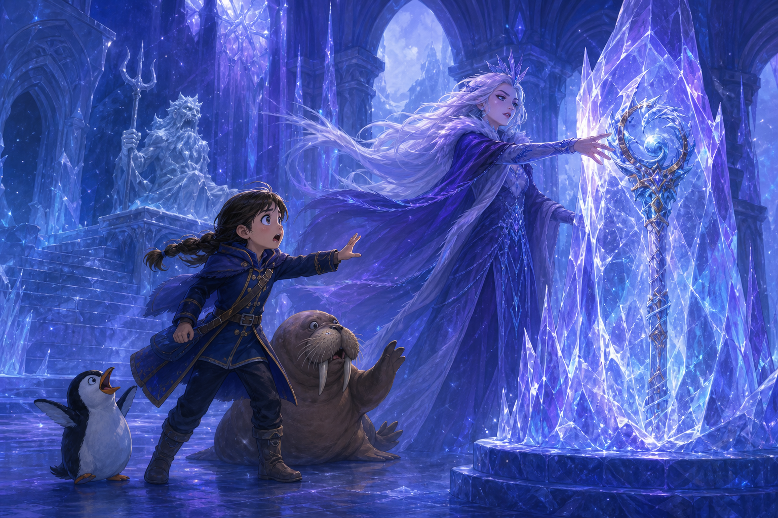 Original fan art of a young explorer trying to stop an ice sorceress from taking a royal sea artifact