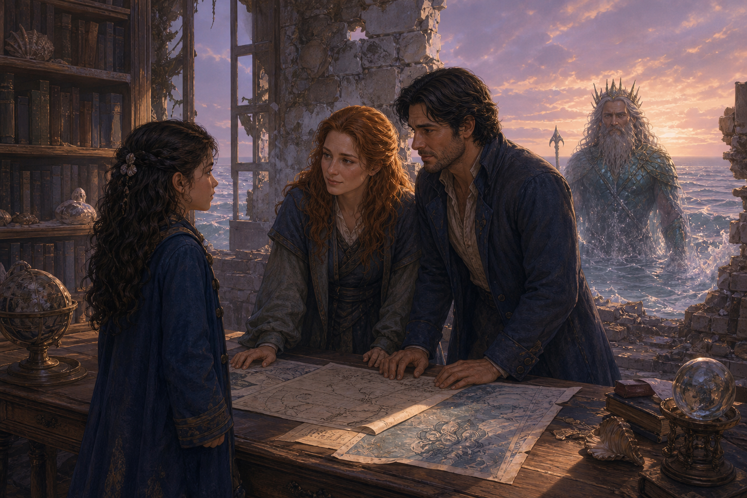 Original fan art of a young girl facing her parents and sea-king grandfather over family maps in a broken coastal library