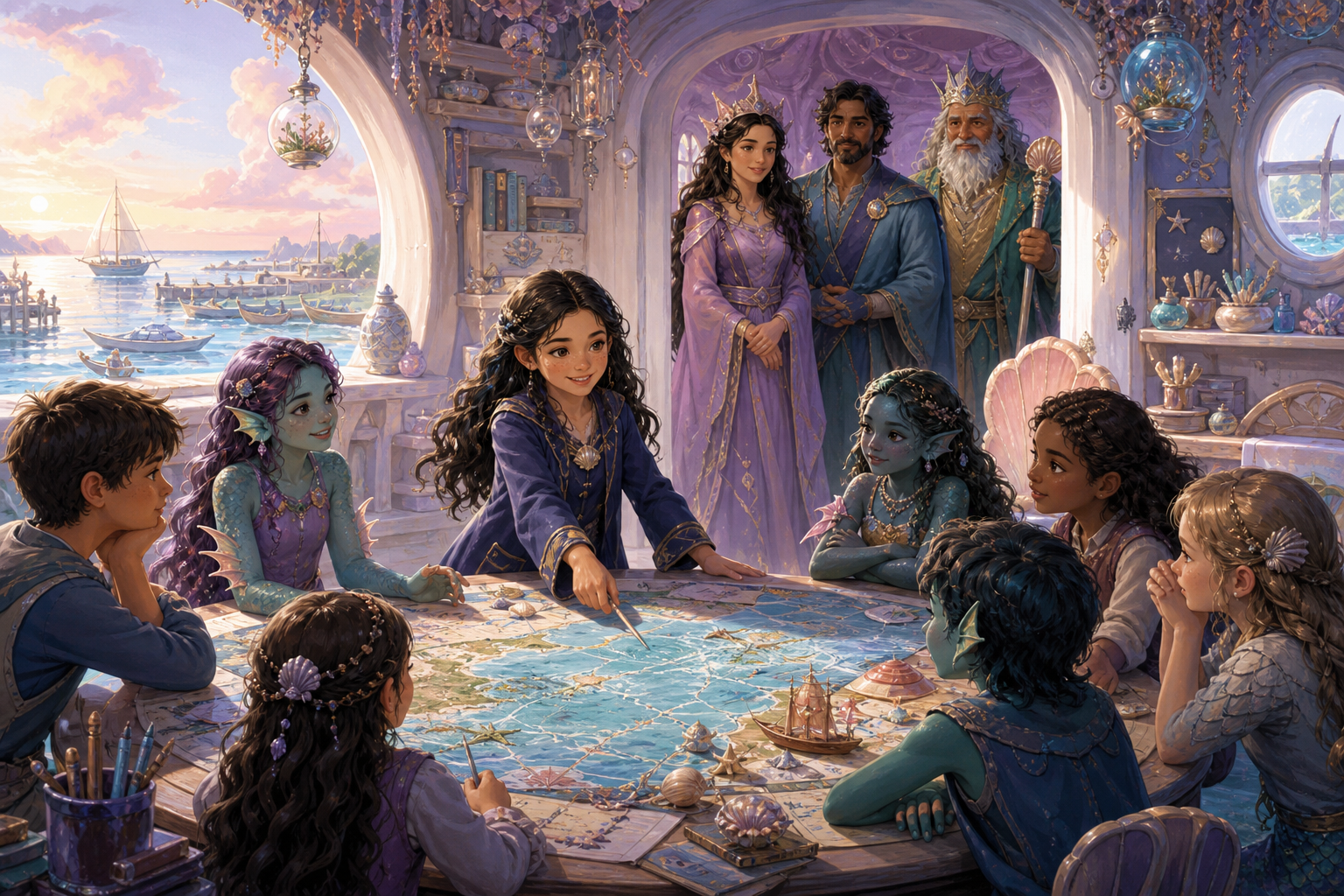 Original fan art of a young coastal princess leading a shared map lesson for human and merfolk children