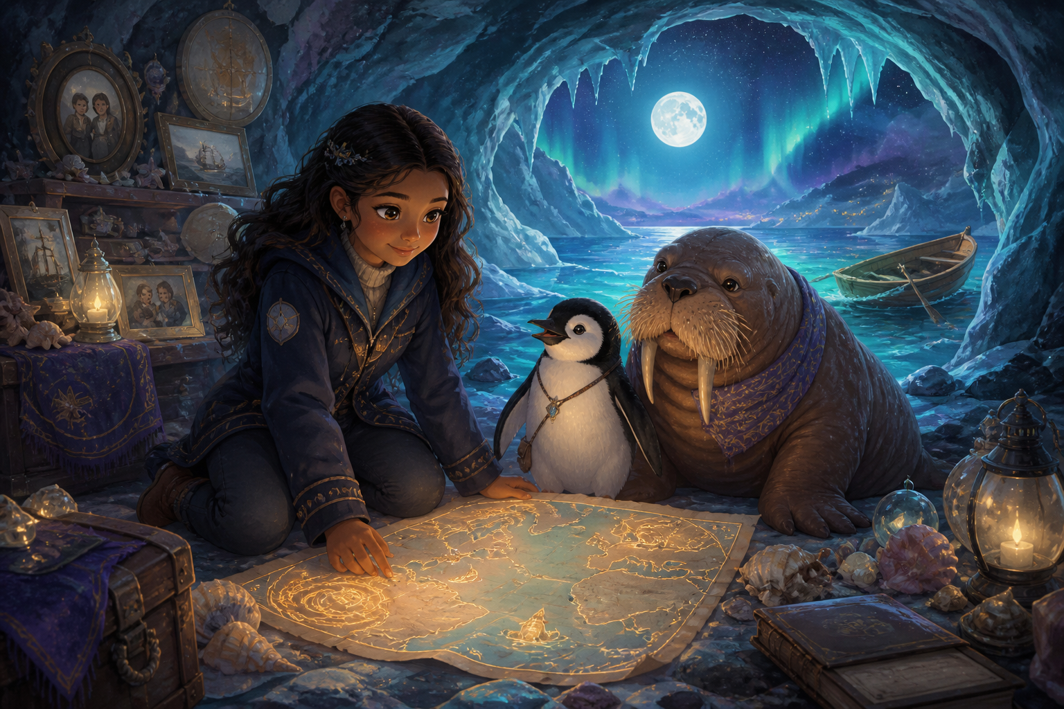Original fan art of a young girl and animal companions studying a glowing family map in an ice grotto