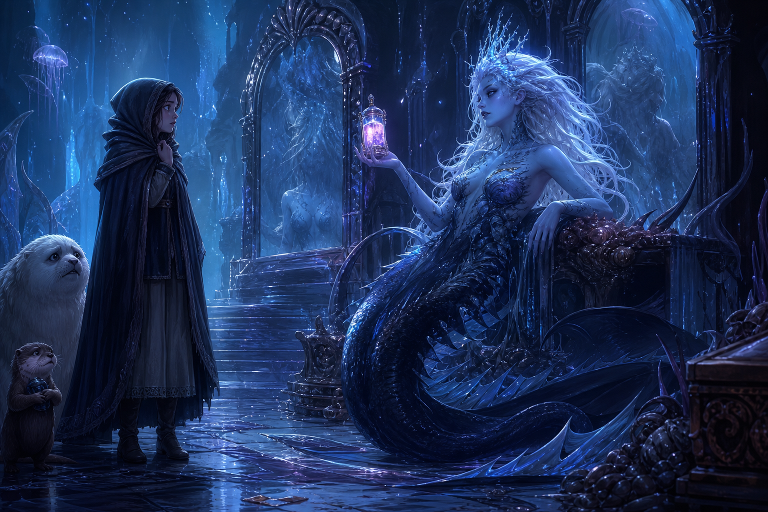 Original fan art of a young coastal explorer facing an adult ice sorceress who offers a glowing vial
