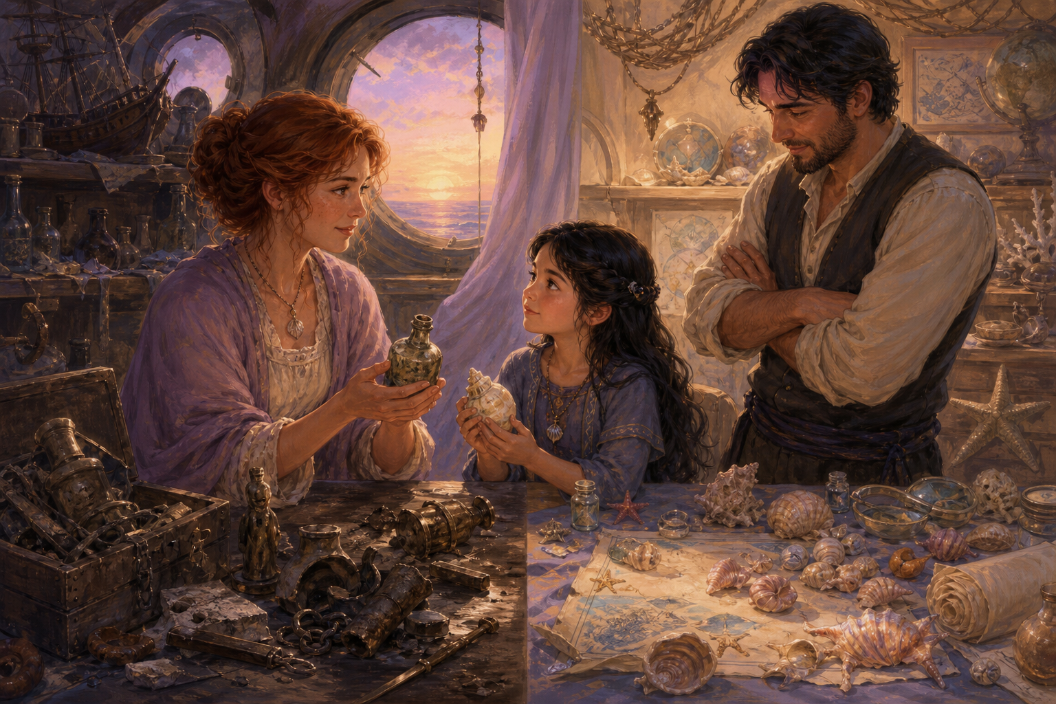 Original fan art of an adult mother and young daughter comparing hidden human artifacts and ocean shells