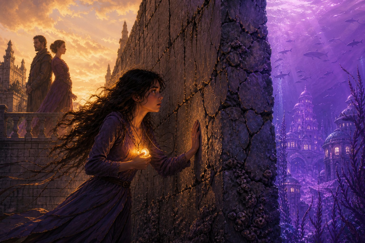 Original fan art of a young girl touching a cracked wall between a coastal kingdom and an underwater city