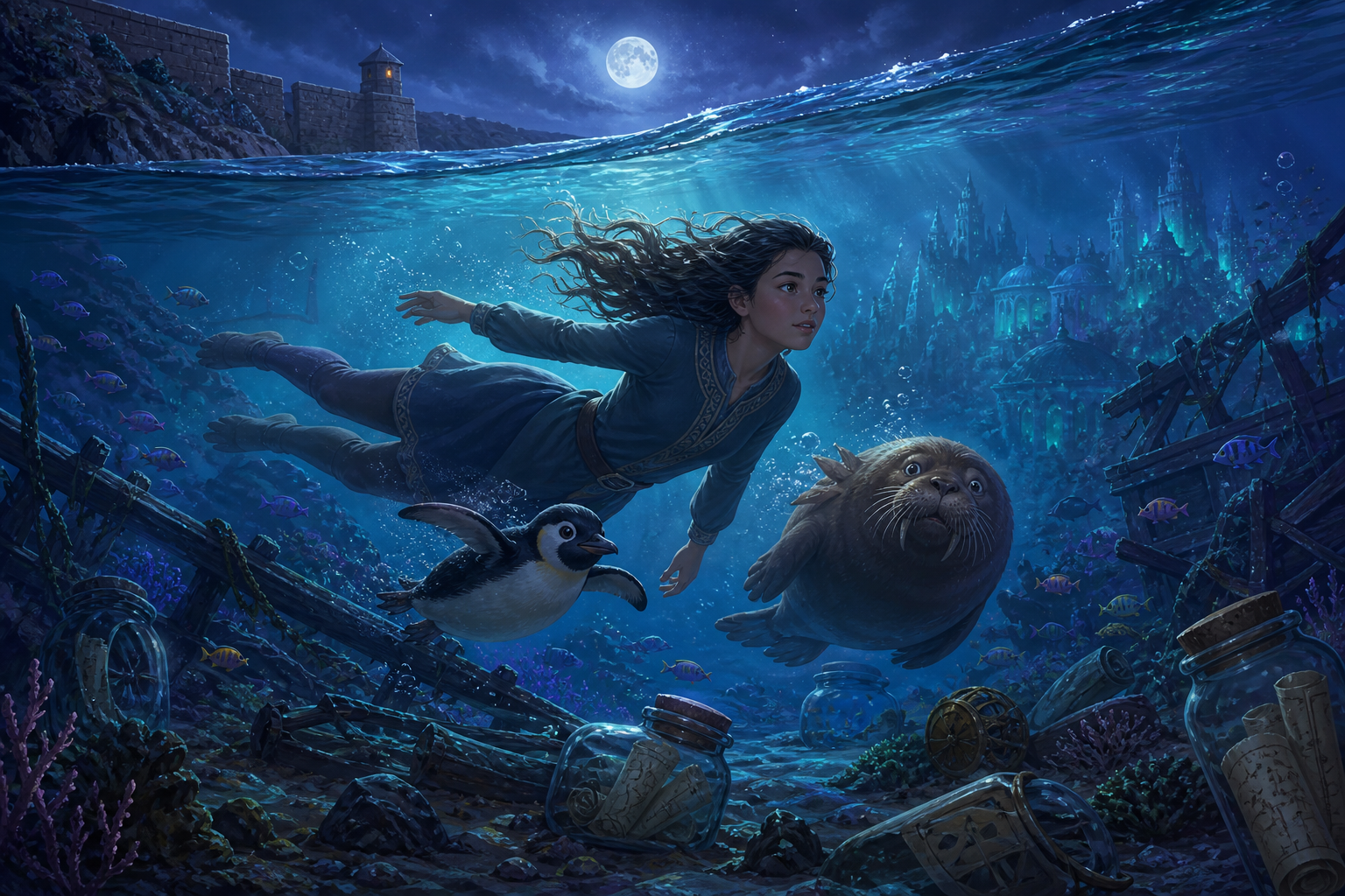 Original fan art of a young fully clothed swimmer exploring below a seawall with penguin and walrus friends