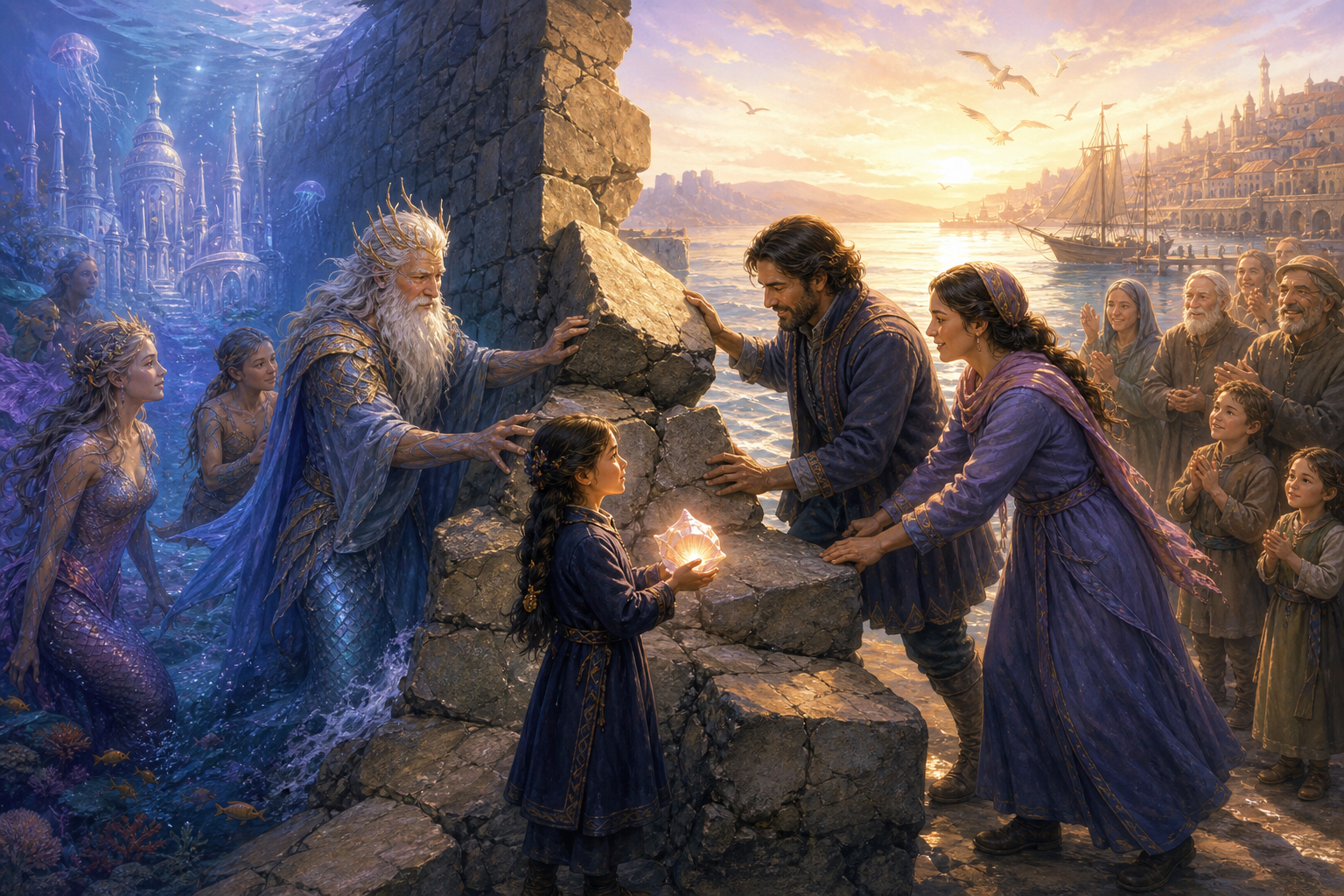 Original fan art of a young girl, her parents, and sea-king grandfather dismantling a wall between communities