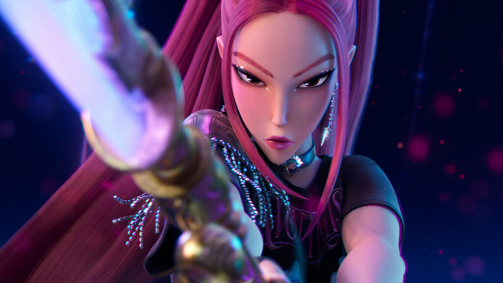 Mira of HUNTR/X reaching forward during a demon fight