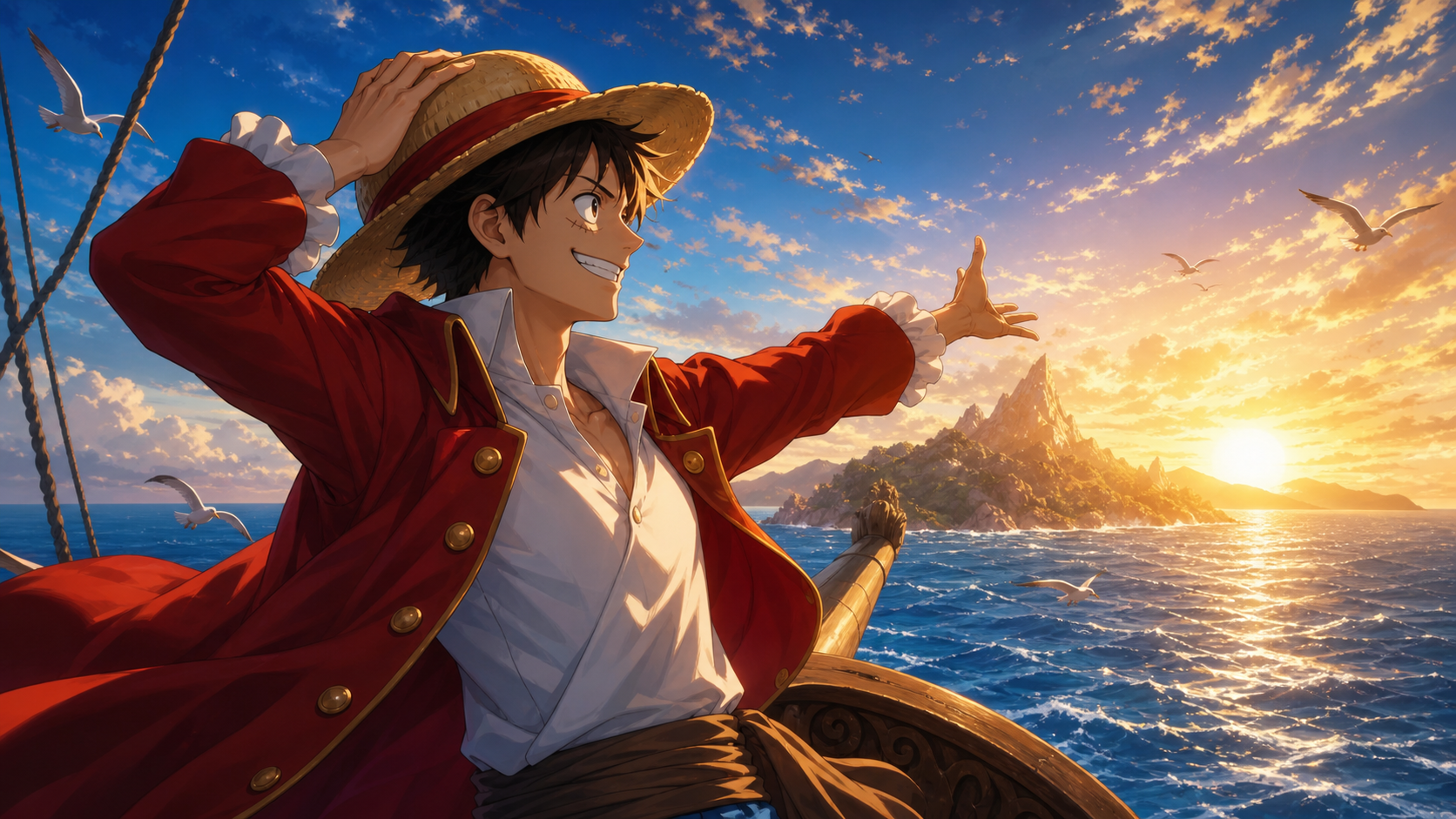 Luffy reaches toward a sunrise island from the bow of his ship